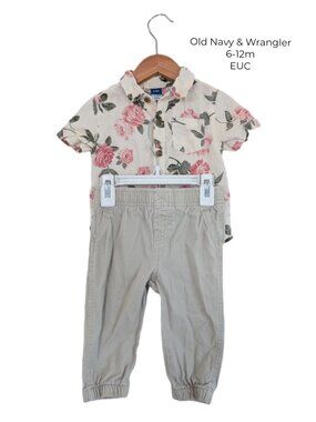 Wrangler Kahki Pants & Old Navy Floral Short-Sleeve Button Down Shirt  6-12m